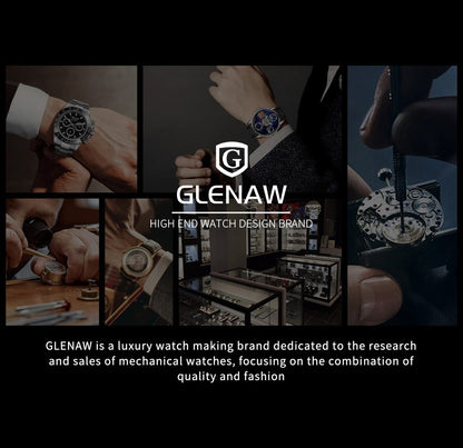GLENAW Steampunk Skeleton Men's Watch Ring Luxury Automatic Mechanical Watches Luminous waterproof Stainless Steel Strap Watch