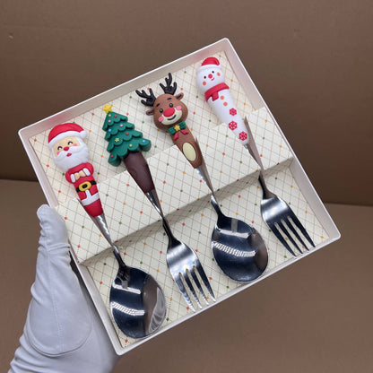 Conjunto de Talheres de Sobremesa Criativo e Fofo de Desenho Animado Boneco de Neve - Colher e Garfo - Novo Presente de Natal
