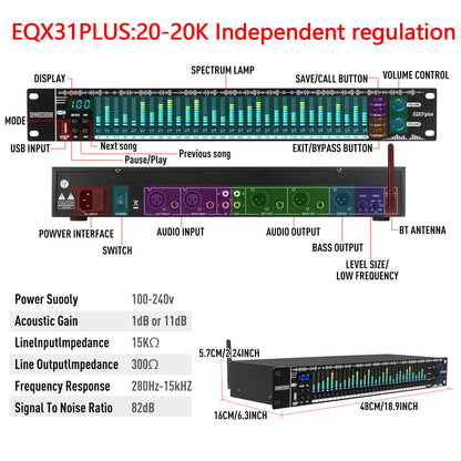 EQ31SUB Digital Equalizer 31 Stage Tuner Professional Stage Performance Noise Reduction Audio Processing