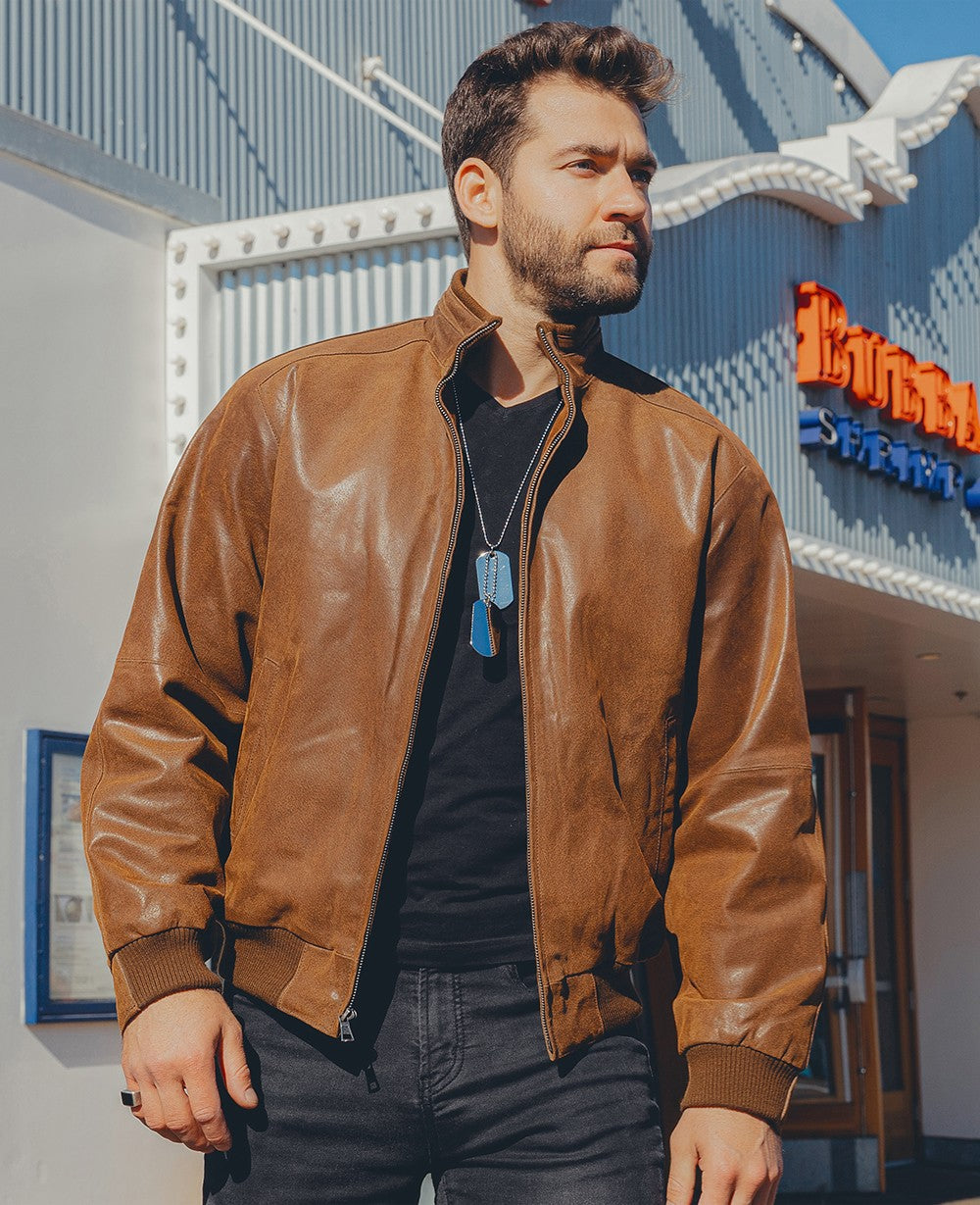 FLAVOR Men's Real Pigskin Leather Bomber Casual Jacket Stand Collar Leather Coat