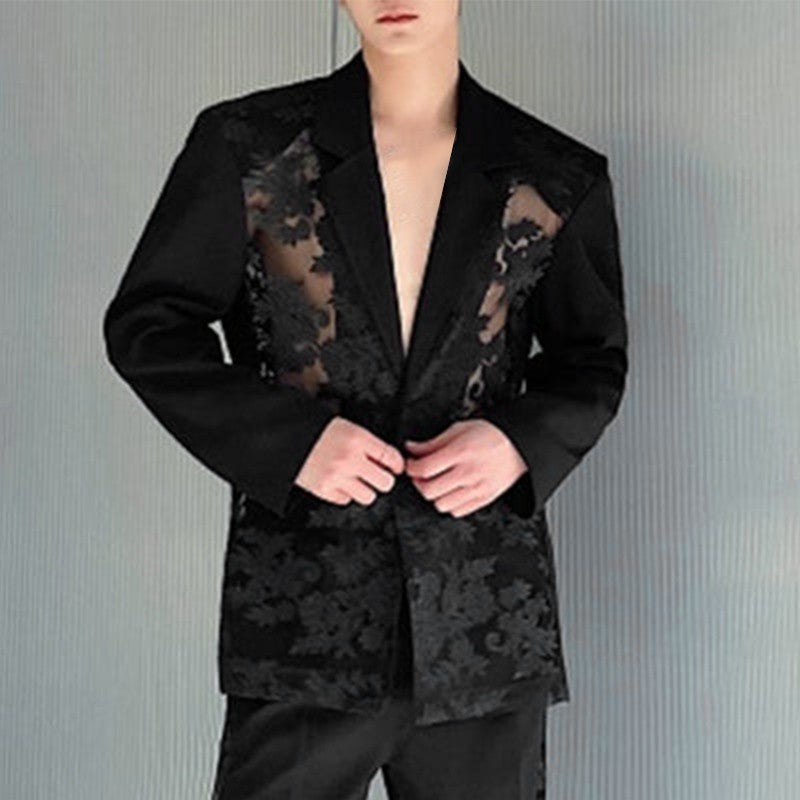 INCERUN Men Blazer Mesh Patchwork Lace Transparent Lapel Long Sleeve Casual Suits Men Streetwear 2024 One Button Fashion Coats