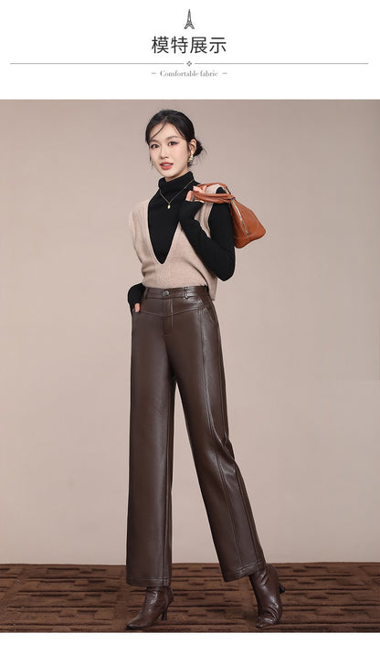 ZUZK Winter Pu Leather Pants New Elastic Waist Straight Pants PU Leather Trousers Large Size Fashion Warm Long Pants