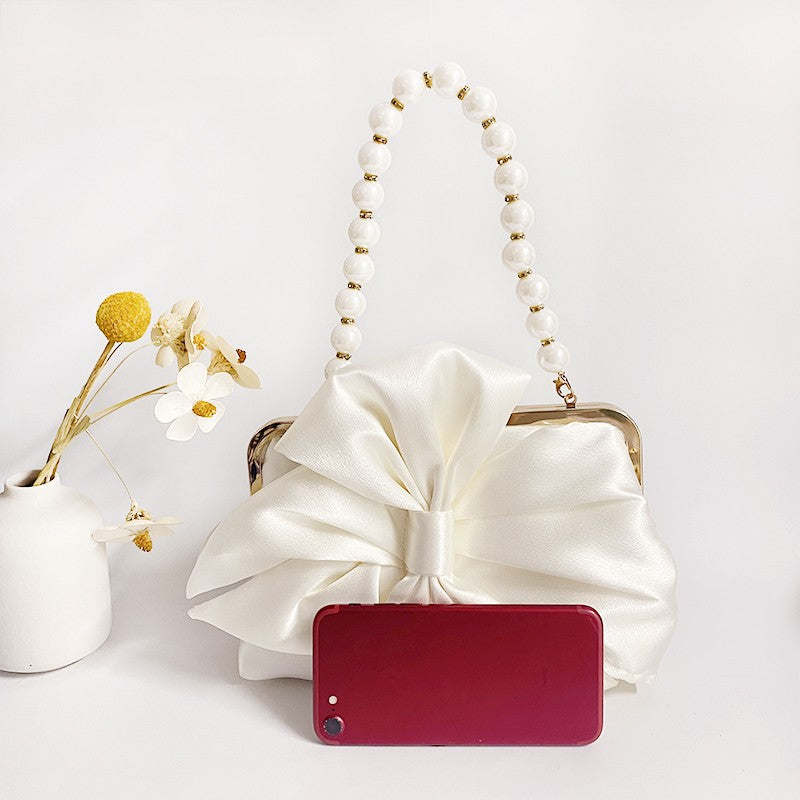 Fashion Bride Beige Women Satin Evening Banquet Clutch Bag Wedding Purse Party Bowknot Day Handbag Elegant Purse