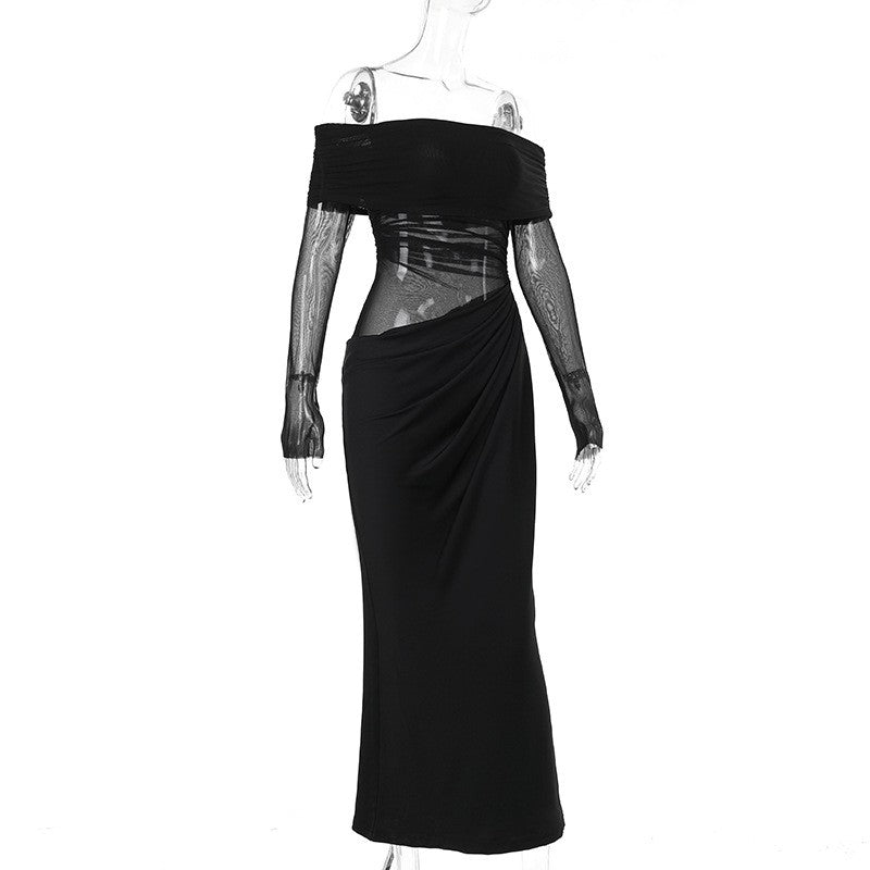 Y2k Summer New Solid Color Long Sleeve Off Shoulder Dresses Sexy Wrap Hip Mesh S