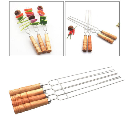 6pcs Barbecue Grill Fork Stainless Steel U-Shaped BBQ Skewer With Anti-scald Wooden Handle Metal Fork Set for Outdoor BBQ Grill