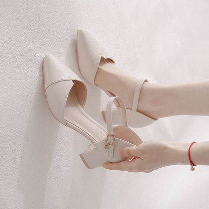 Sandália Feminina Elegante Bege Bico Fino Salto Médio Tira Fina Transpassada Fivela Sapatos de Escritório Diários
