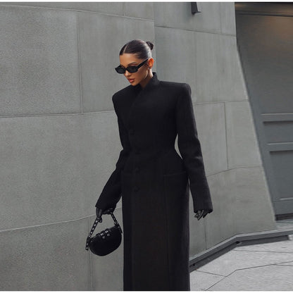 Black Tailored Long Coat Women Elegant Asymmetric Button Front Pockets Full Sleeve Criss-cross Neck Jacket 2025 Casual Outerwear