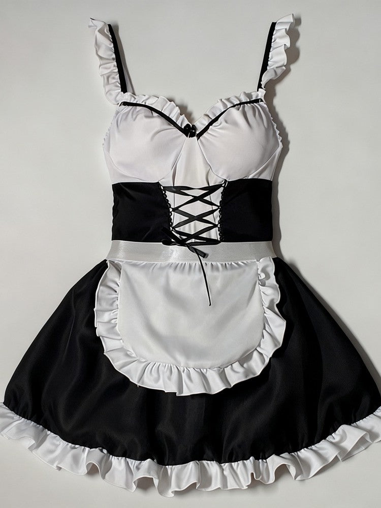 Bunny Complete Maid Cosplay Costume Set Ruffle Cosplay Vacation Halloween Outfit Halter Dress Set Outfit Costume Play Occasions