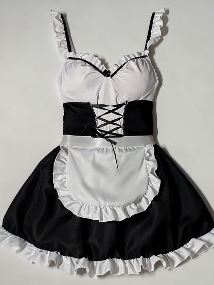 Role Student Complete Maid Cosplay School Costume Set Ruffle Cosplay Vacation Halloween Outfit Halter Dress Set Outfit Costume