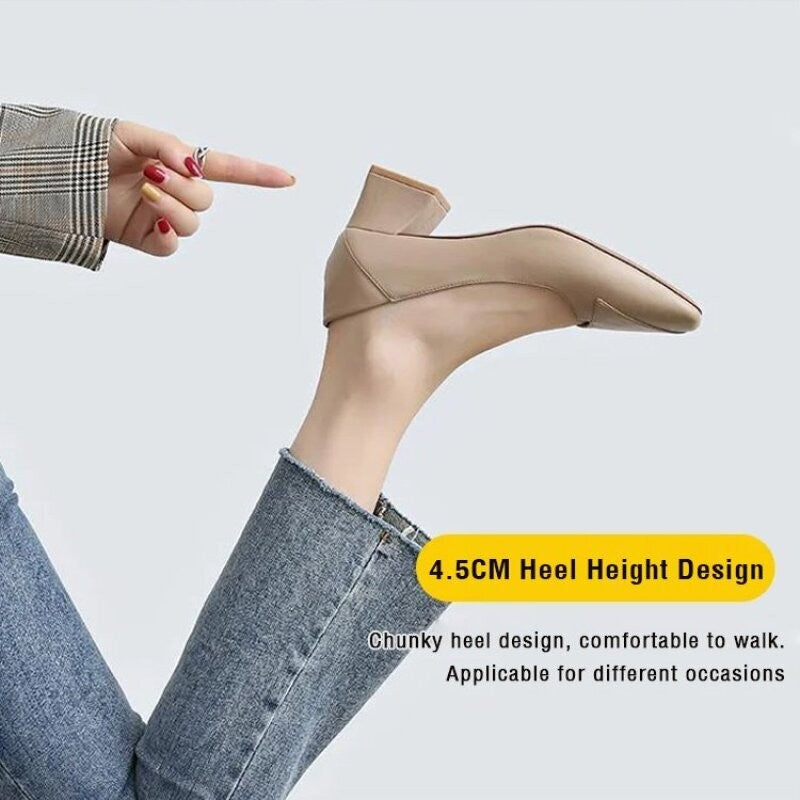Four Seasons Shoes Soft Bottom Middle-aged Women's Shoes Chunky Heeled Mom Shoes Comfortable Casual Work Leather Shoes