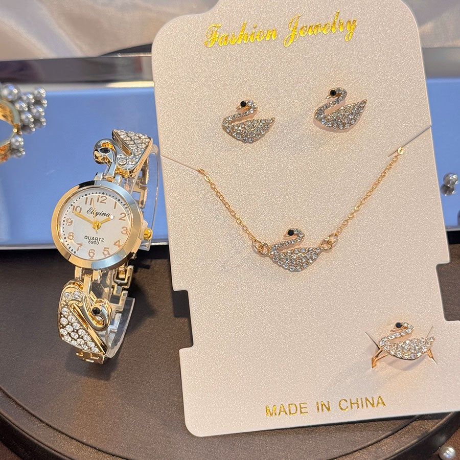 4-Piece Set Pearl Watch Chain Arabic Numeral Quartz Watch Large Pearl Necklace Diamond-Encrusted Ring And Earrings Jewelry Gift