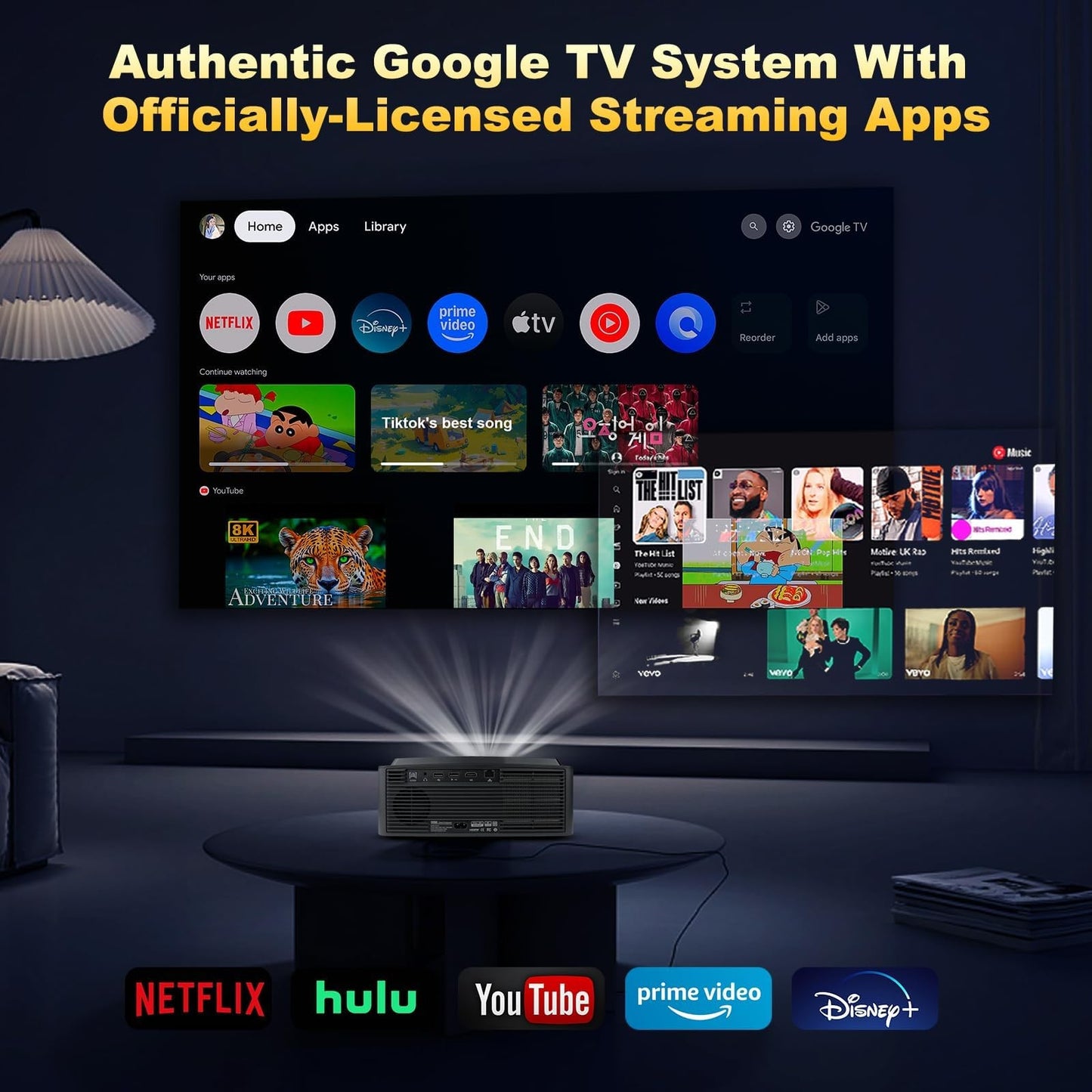 Projetor DESS 4K Foco Automático Controle de Voz Home Theater Vídeo Android Full HD Smart Projetor com Netflix e Google TV