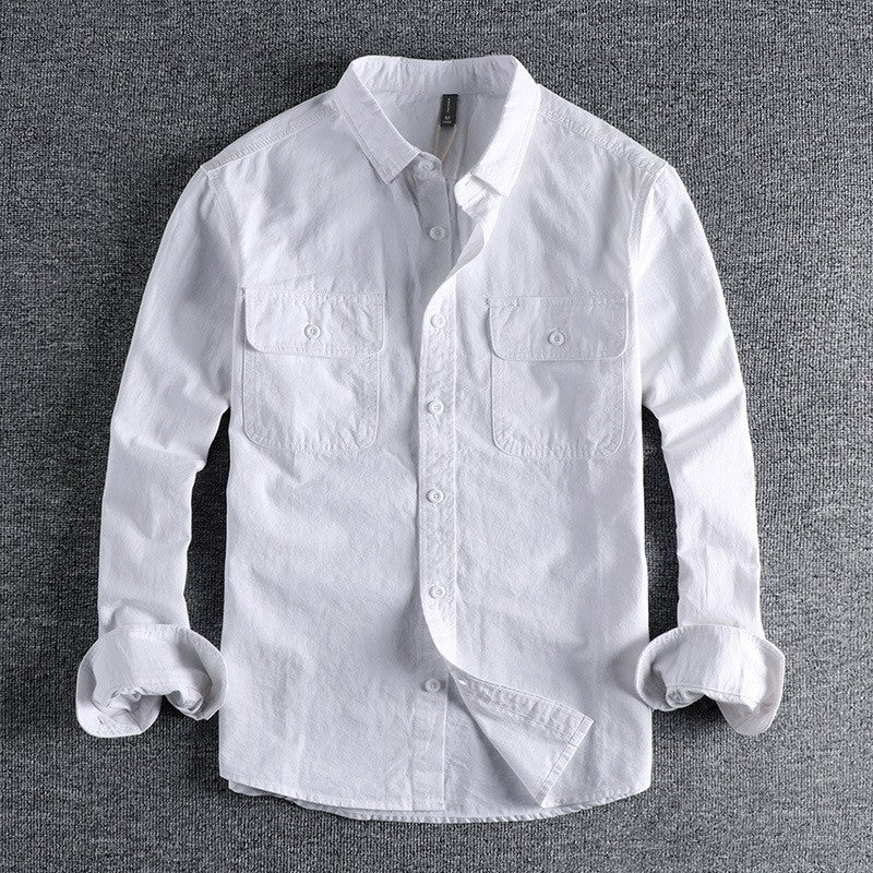 Men's British Simple Solid Color Long Sleeved Shirt Wash Woven Twill Cotton Versatile Ameikeji Fashion Male Cargo Work Shirt