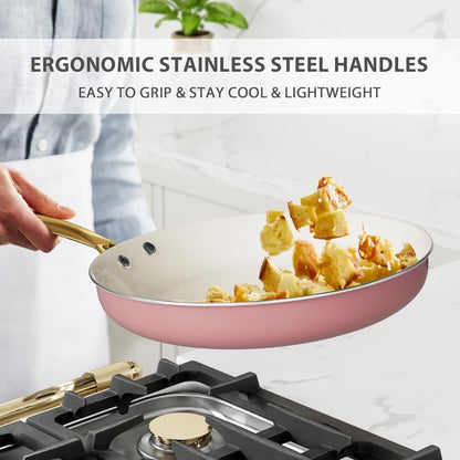 Conjunto de panelas e frigideiras de cerâmica antiaderente e atóxico com utensílios de cozinha, panelas holandesas e panelas com tampa.