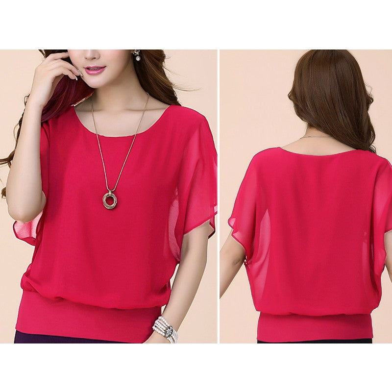 New Summer Women Blouse Female Short Batwing Sleeve Oversized Loose O-Neck Chiffon Shirt Plus Size Office Lady Elegant Tops Tees