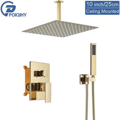 Golden Shower Faucets Set 2-Ways Rainfall Shower System Wall Mounted Shower Head Bathroom Bathroom Tap Shower Mixers Concealed