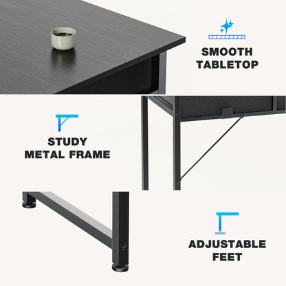Mesa de computador moderna para escritório JHK 32 polegadas com gavetas de armazenamento de tecido, bolsa lateral, estrutura de metal e pés ajustáveis para mesa de PC doméstica