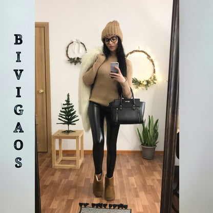 BIVIGAOS Fashion Women PU Leather Pants Elastic High Waist Winter Leggings Slim Velvet Leather Leggings Skinny Fleece Trousers