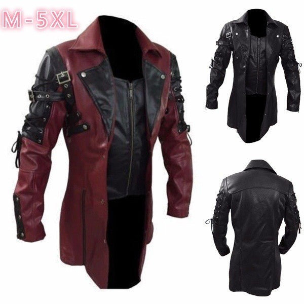 Fashion Black Pu Leather Trench Coat Men Winter Gothic Steampunk Leather Motorcycle Jacket Male Outwear EU Size XXXXXL