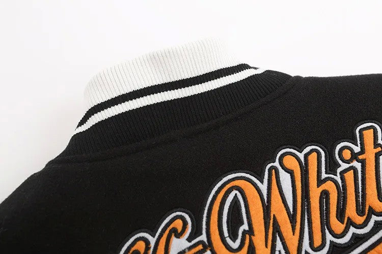 2023 Autumn/winter New Ow Skull Embroidery Woolen Jacket Cloth Patchwork Leather Sleeve Heavy Duty Embroidery Casual Style Fit