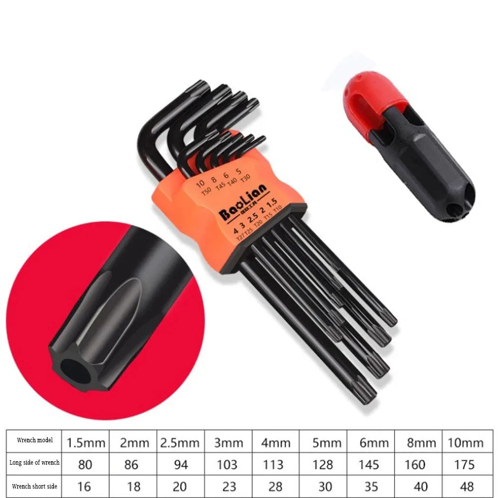 Jogo de Chaves Allen de 9 Peças, Chave Quadrada, Chave Torx, Chave Hexagonal Interna Longa com Ponta Esférica e Cabo T de 1,5 - 10 mm