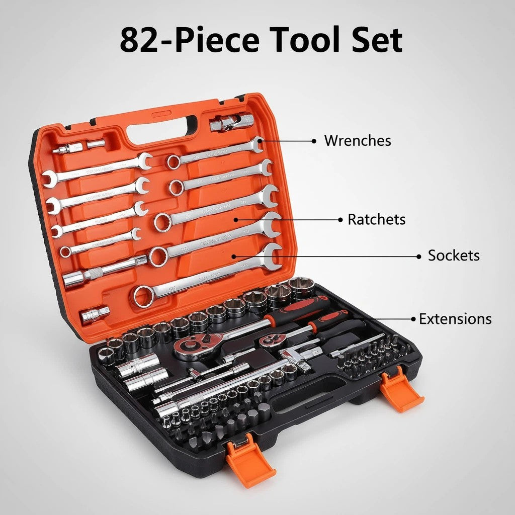 Conjunto de Ferramentas de Soquetes de Aço Cromo Vanádio com Chave Catraca de 82 Peças para Reparação de Veículos - Ideal para Entusiastas de DIY, Mecânicos e Carros