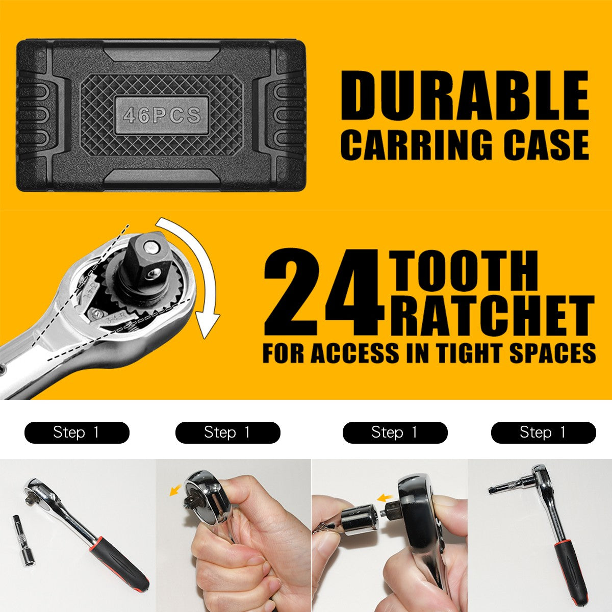 46pcs/set Drive Socket Set Ratchet Wrench Set Car Tool Kit, Bit Socket Wrench Set Metric Mechanic Tool Set Car accessories