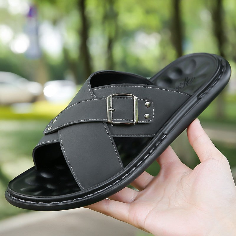 Men Summer Stylish Slippers Open-toe Soft-Soled Shoes Simple Solid Color Half Drag Slip-On Shoes Outdoor Man Comfortable Sandals