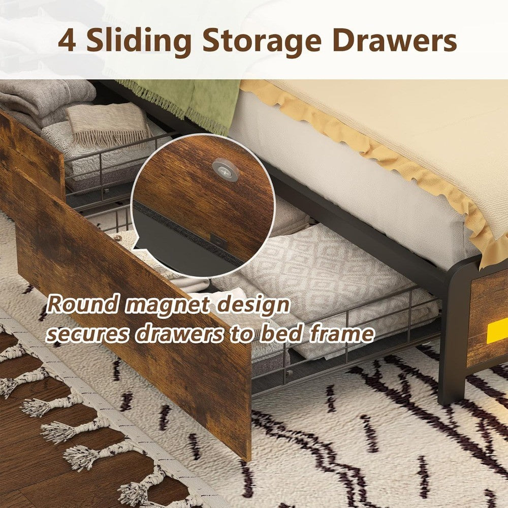 King Size Bed Frame with Storage Drawers and Bookcase Headboard, Wooden Platform King Bed with LED Lights and Charging Station,