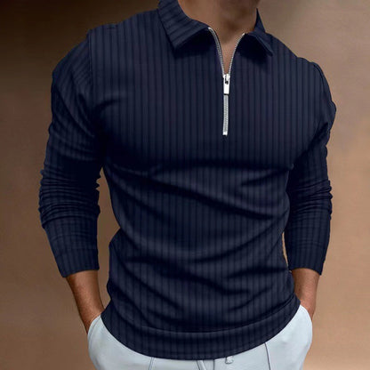 2024 New Men's Autumn And Winter Solid Color Lapel Leisure Sports Polo Shirt Zipper Striped Long Sleeve High Elasticity