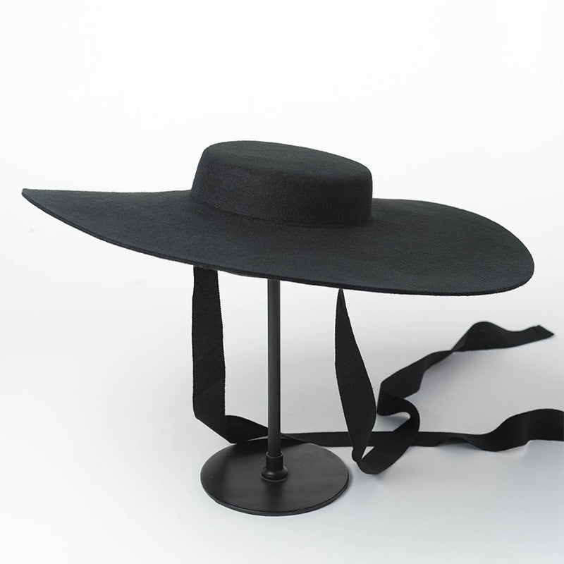 Chapéu de feltro de lã de 4cm de altura, aba grande de 15cm, chapéu fedora de copa rasa para homens e mulheres, chapéu de aba grande novo.
