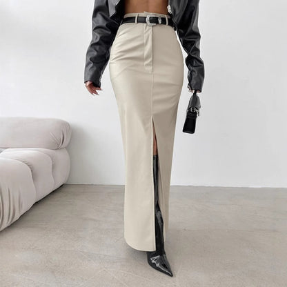 Women's Split Design Solid Color High Waist Pu Leather Skirt 2025 Spring Fall Office Lady Trendy Streetwear Long Skirts
