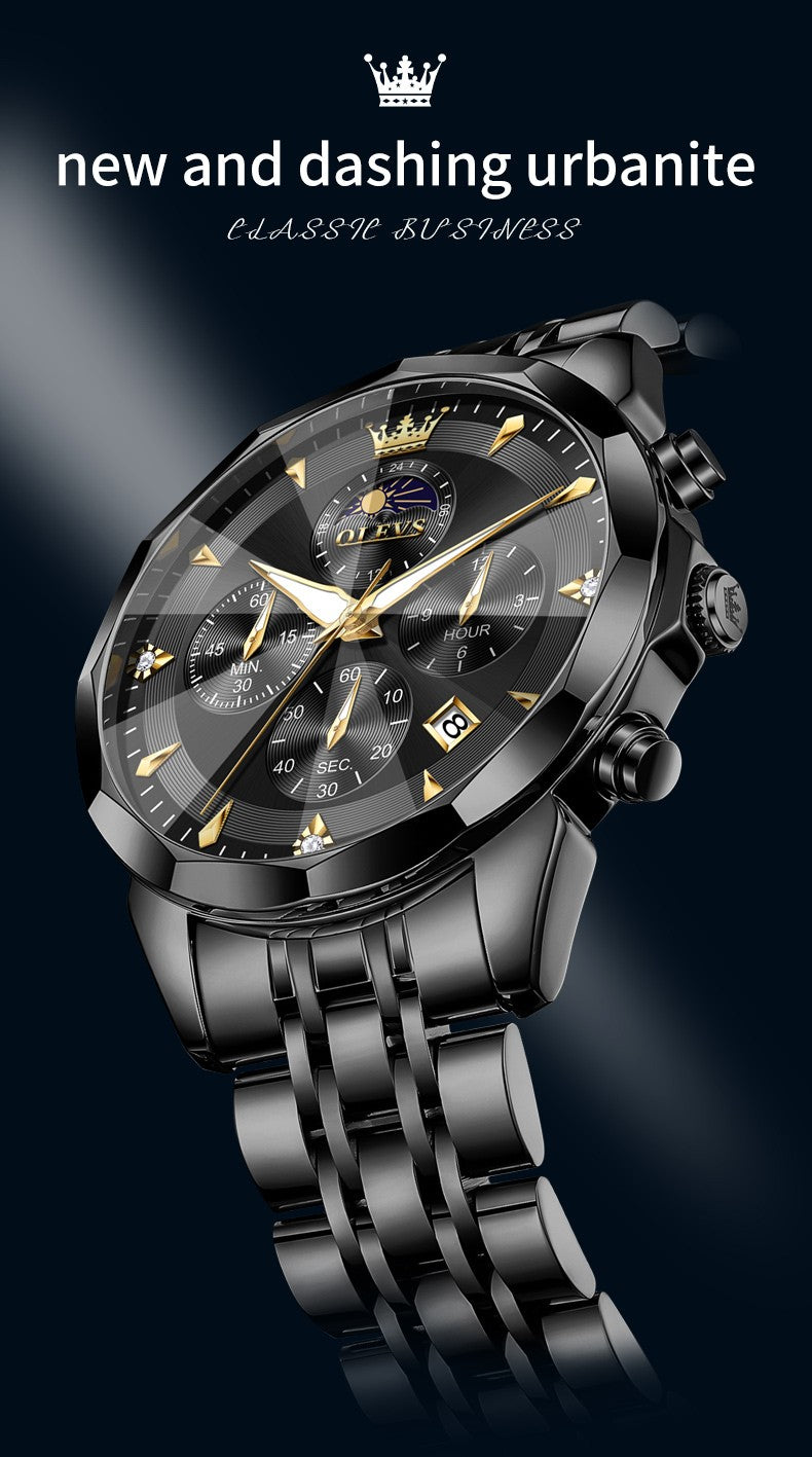 OLEVS Original Fashion Moon Phase Men's Watches Waterproof Chronograph Quartz Watch Stainless steel Calendar Brand Wristwatch