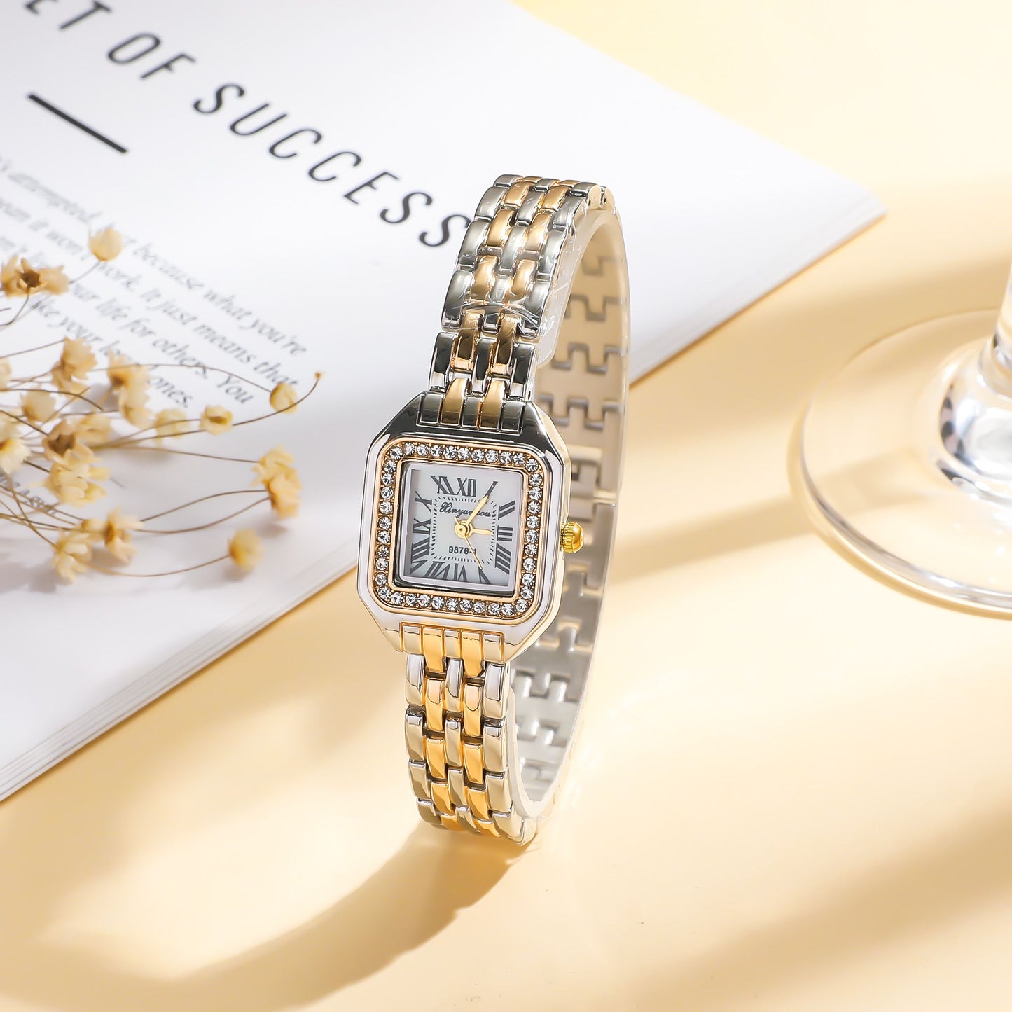 Women Fashion Square Roman Dial Full of Crystals Steel Belt Quartz Watch