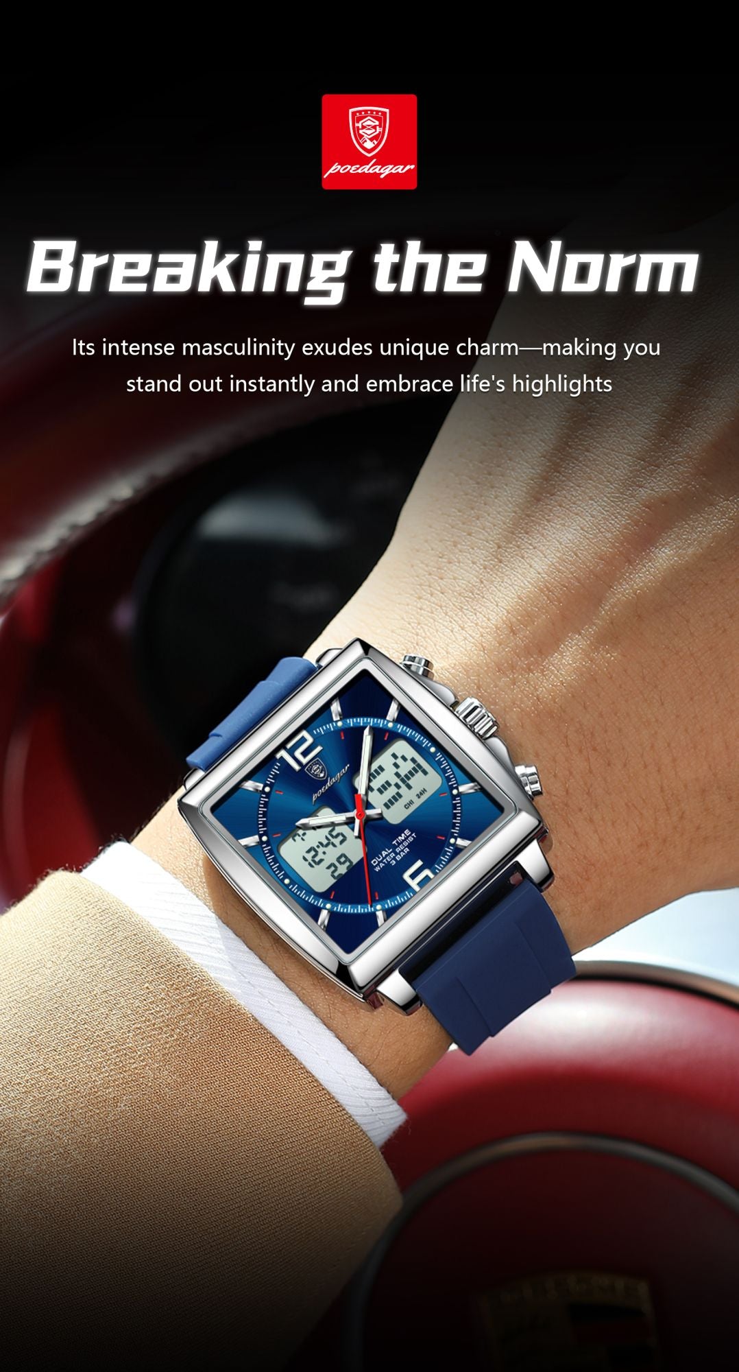 POEDAGAR Luxury Top Man Watch Electronic Square LED Alarm Chronograph Men's Watches Week Date Dual Time Display Men Quartz Clock
