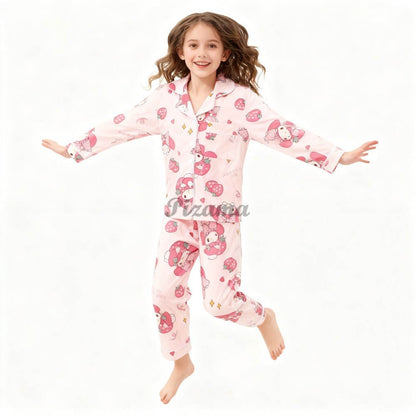 Children's Full Sleeve Button Down 2piece Kuromi Girls Pajamas Sets Boys Cinnamorolls Pyjamas Suits Kids Loungewear Homewear