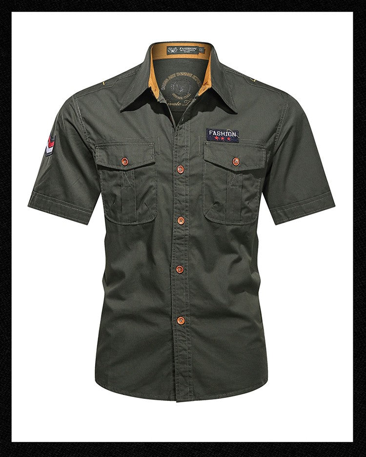 New Men's Casual Shirts Short Sleeve Pure Cotton Shirt Male Solid Oversized Military Cargo Shirts Men Clothing Shirt 5XL A2F168