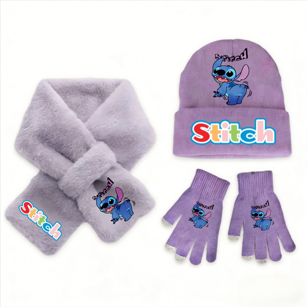 Conjunto de 3 peças de chapéu, cachecol e luvas de malha de inverno Stitch Disney Kawaii quente para meninas Acessórios casuais de moda infantil presente de Natal perfeito