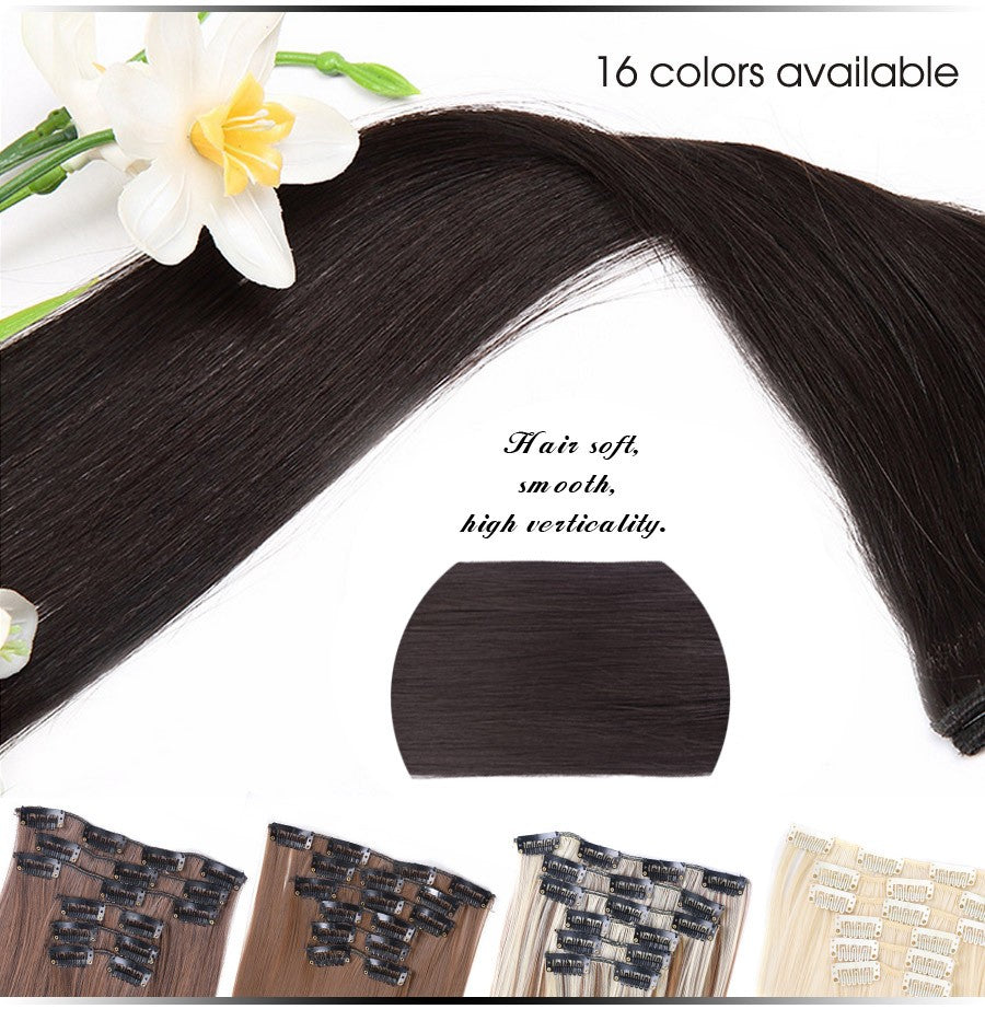 22 Polegadas Sintético Cabelo Liso Longo 16 Clipes 6 Peças/Conjunto Apliques de Cabelo Loiro Preto Resistente ao Calor Para Mulheres