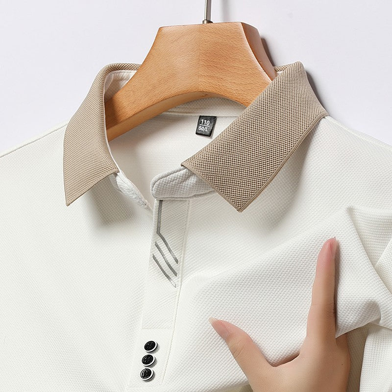 New Men's Long-sleeved Polo Shirt Sweatwear Business Casual Top Fashion Classic Solid Color Male Brand Basic V-neck Top