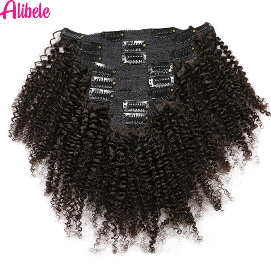 Alibele 4B 4C Afro Kinky Culy Clips In Human Hair Extensions Cabelo Remy Brasileiro com Clipes de 120g, 8 Peças/Conjunto, 25-71 cm para Mulheres
