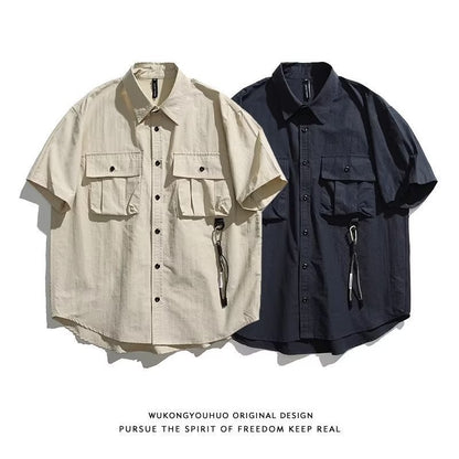 Men's Japanese Style Cargo Shirts Vintage Laple Short Sleeve Shirts 2025 Spring Summer Loose Casual Shirt Jacket Male Streetwear