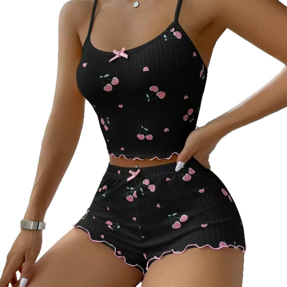 Women’s Summer Pajama Set – Heart Print Ribbed Backless Crop Top & Shorts with Bow Detail
