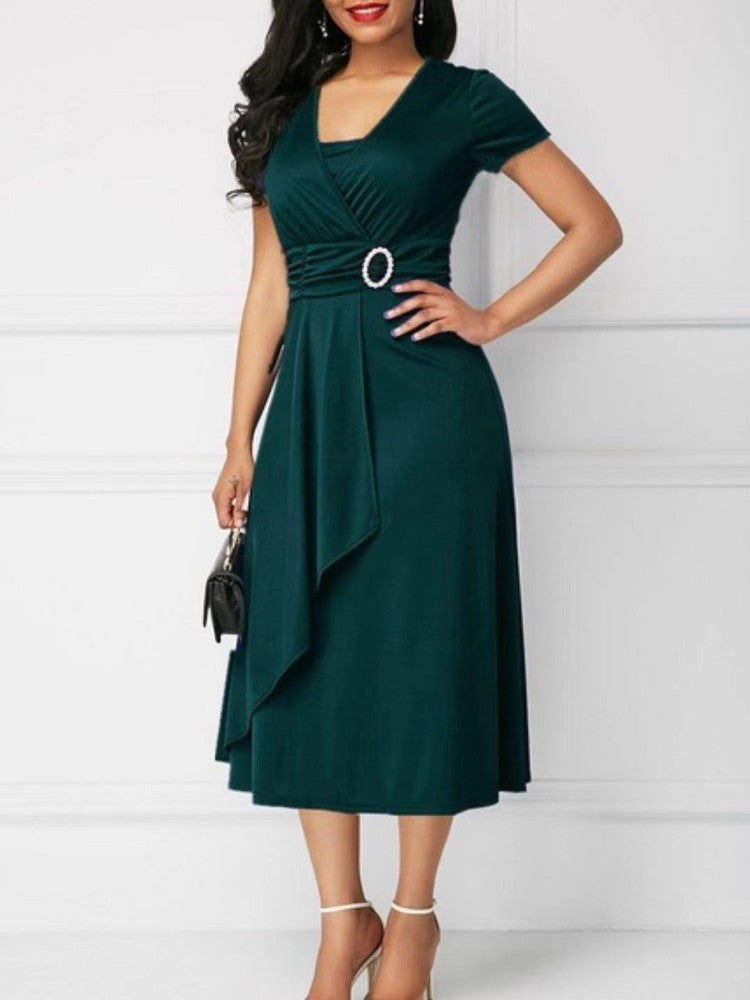 Summer Dresses Elegant Women Solid Color Short Sleeve V Neck Asymmetric Hem Wais