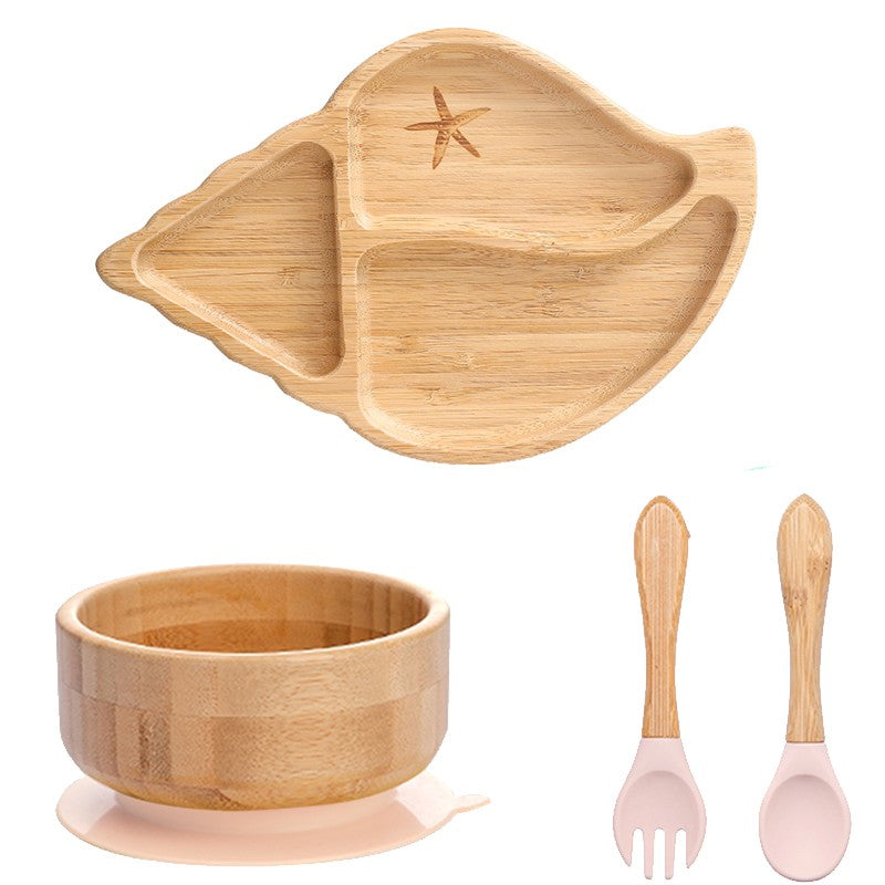 4pcs Bamboo Plate Sets Baby Feeding Bowl Wooden Kids Feeding Supplies Spoon Fork for Baby Tableware Suction Plate Bowl Cup
