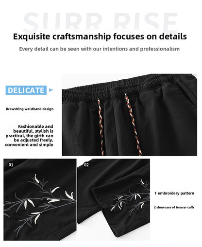 Novas Calças de Seda Gelo Chinesas Masculinas Verão Fina Solta Perna Larga Marca de Moda Seda Gelo Estilo Chinês Calças Casuais Bordadas Frescas