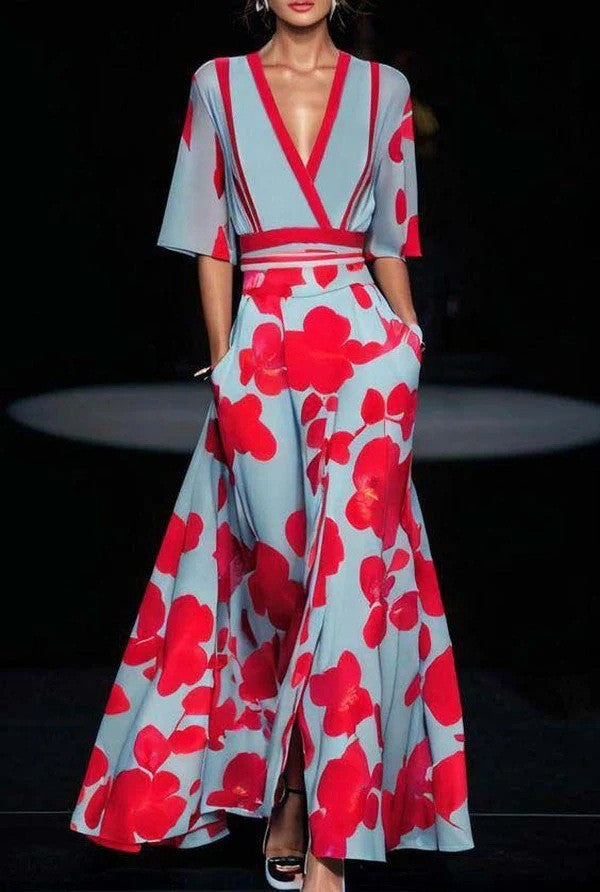 Women Fashion 2024 Spring V Neck Belted Party Long Dress Sexy Printing A-Line Bo