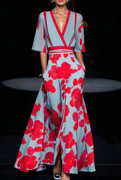 Women Fashion 2024 Spring V Neck Belted Party Long Dress Sexy Printing A-Line Bo