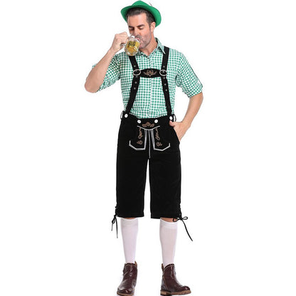 Germany Oktoberfest Costumes Adult Men Traditional Bavarian Beer Shorts Outfit Overalls Shirt Hat Suspenders Set Halloween Cloth