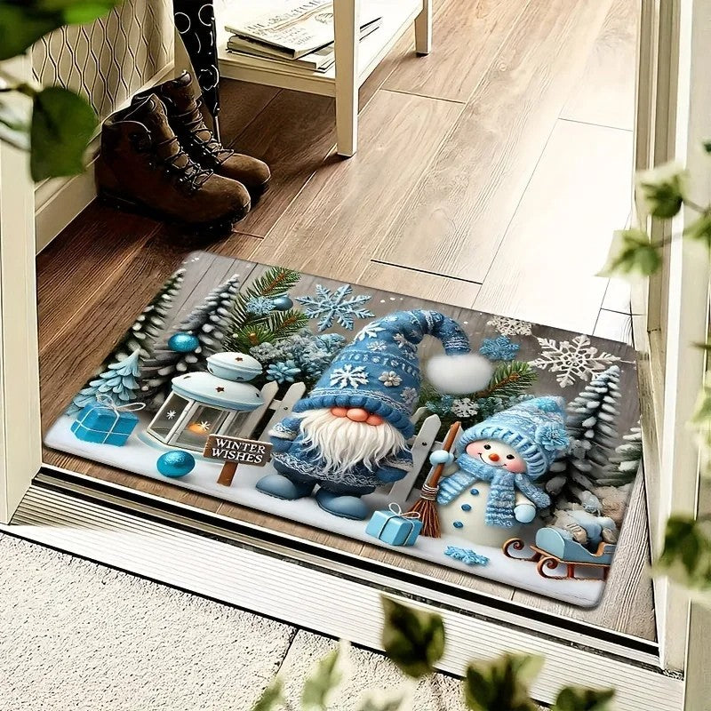 VIKAMA Christmas Gnome Blue Decorative Rug Living Room, Bedroom & Entrance Door Mat Non-Slip, Stain-Resistant Home Decor Rug